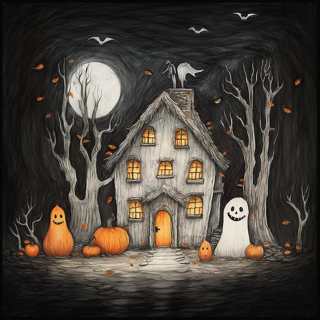 children drawing a home in halloween with crayon