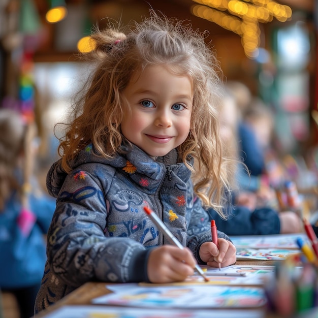 Foto bambini che disegnano e fanno artigianato in asilo nido o asilo nido bambini che fanno arti e artigianato con l'insegnante
