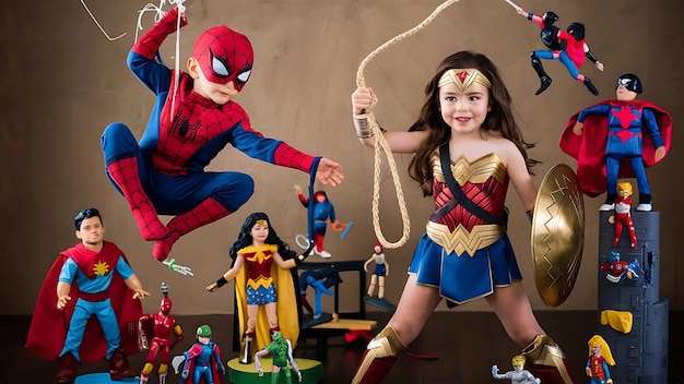 Foto bambini vestiti come i loro supereroi preferiti giocano con figure d'azione e costumi