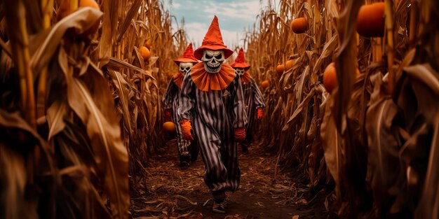 Children dressed in costumes exploring a haunted corn maze with jacko'lanterns guiding their way