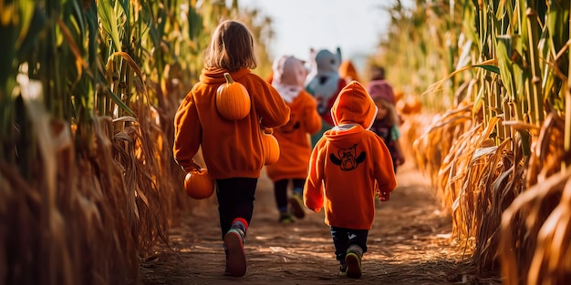 Children dressed in costumes exploring a haunted corn maze with jacko'lanterns guiding their way