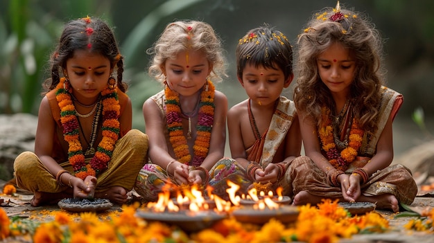 Children dressed in traditional attire performing holika dahan rituals