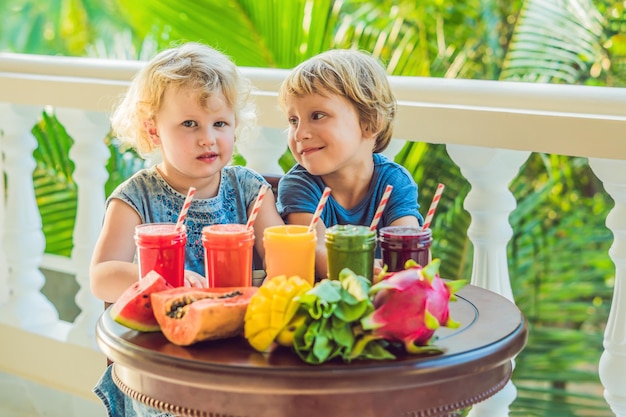 Children drink colorful healthy smoothies watermelon papaya mango spinach and dragon fruit smoothies