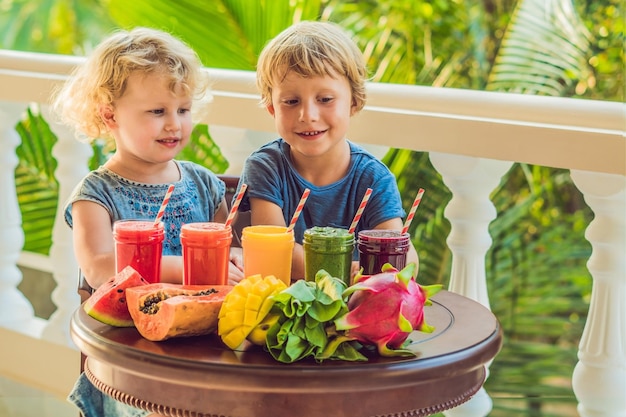 Children drink colorful healthy smoothies watermelon papaya mango spinach and dragon fruit smoothies