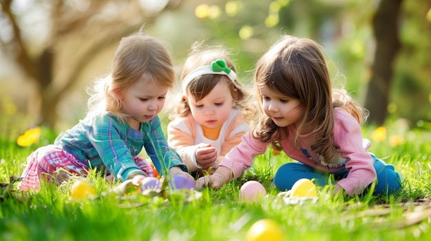 Children eagerly hunt Easter eggs in the garden adventure