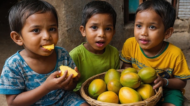 Photo children eating mangoes