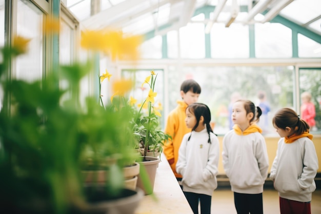 植物温室の教育ツアーに参加する子供たち