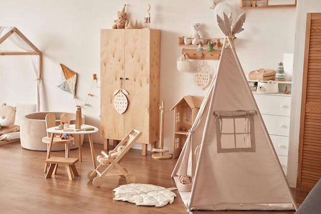 Children educational wooden toys Nursery decor Playroom Wooden stroller table chair Wigwam