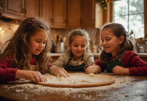 Photo children engaged in baking working together to roll out dough their faces showing concentration and