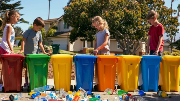 Children Engaged in Recycling Activities Sorting Waste in Colorful Bins Outdoors