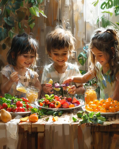 Children Enjoying A Healthy Snack During Background