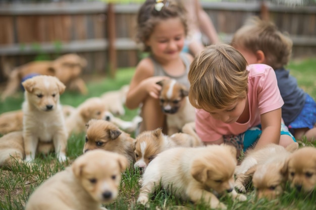 緑の草の上で幼い子犬の可愛い子孫と屋外で遊ぶ子供たち