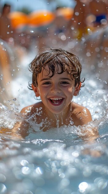 Foto bambini che si divertono scivolando nel parco acquatico