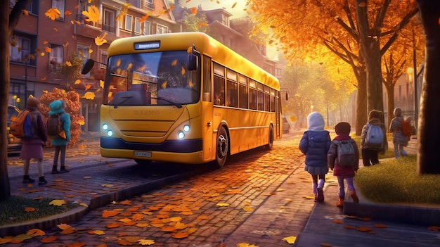 Дети садятся в современный школьный автобус, который везет их в школу по улицам мегаполиса.