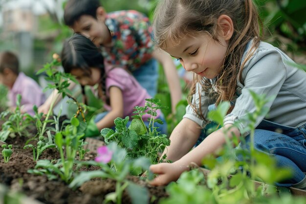 Children enthusiastically caring to their plants and flowers in a communal garden Generative Ai