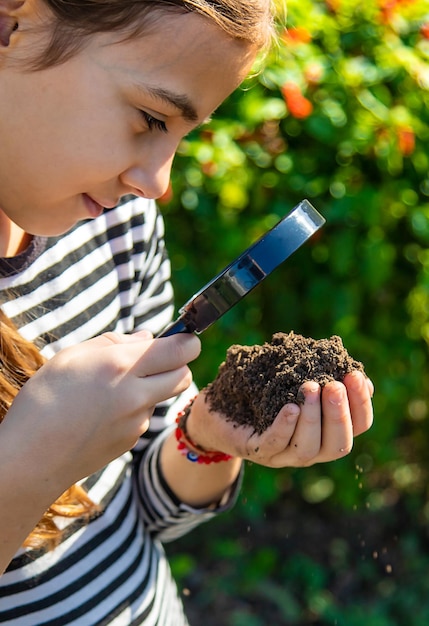 Children examine the soil with a magnifying glass Selective focus