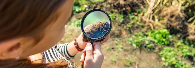 Foto i bambini esaminano il terreno con una lente d'ingrandimento messa a fuoco selettiva