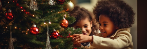 子供 たち は 興奮 し て クリスマス ツリー を 飾っ て い ます