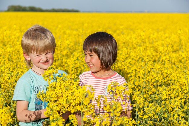 Children in the field with the flowering yellow flowers of rape