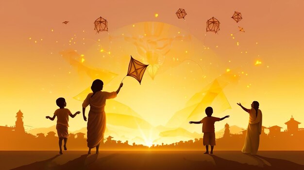 Children flying kite in yellowish silhouette mandala in background for template