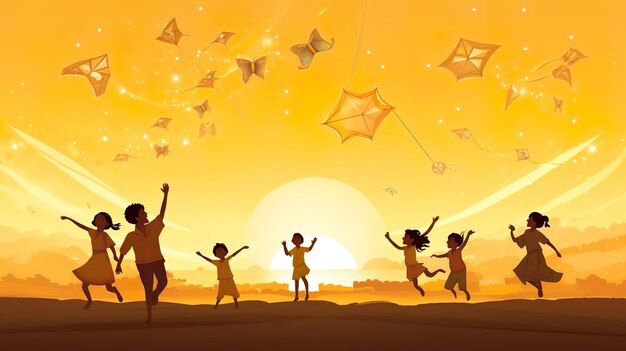 Children flying kite in yellowish silhouette mandala in background for template