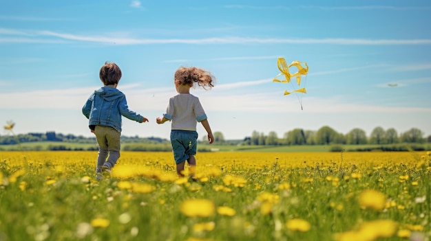 children flying kites in a blooming meadow