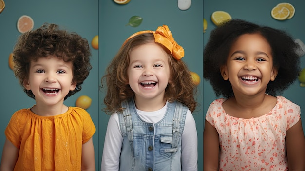 Bambini di tutto il mondo che mostrano i loro sorrisi sicuri denti bianchi brillanti e gioia sul fondo di volti sorridenti a scacchi