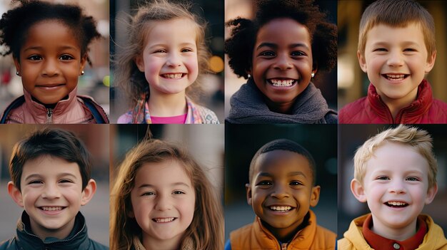 Foto bambini di tutto il mondo che mostrano i loro sorrisi sicuri denti bianchi brillanti e gioia sul fondo di volti sorridenti a scacchi