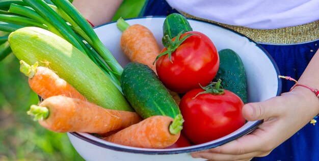 野菜を手にした庭の子供たち。セレクティブフォーカス。