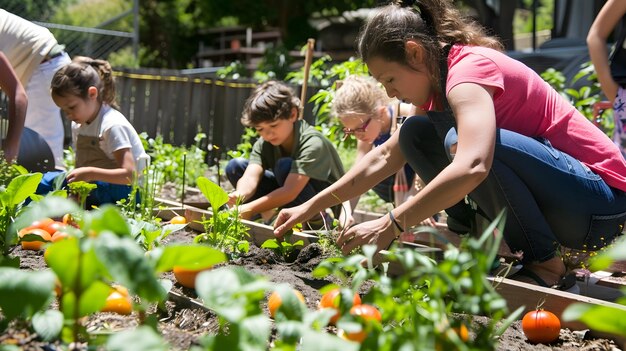 학교 채소 정원 에서 어린이 들 이 정원 을 꾸리고 있다