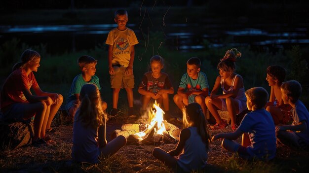 Photo children gathered around a campfire listening to stories