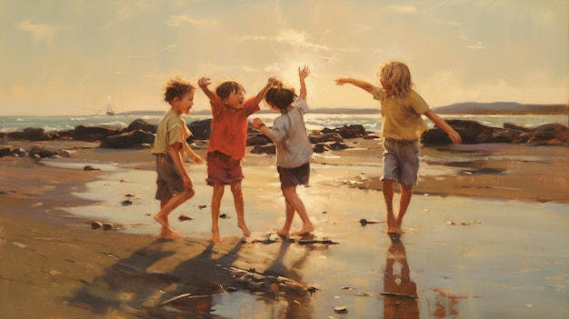 Children giggling and playing on the shore