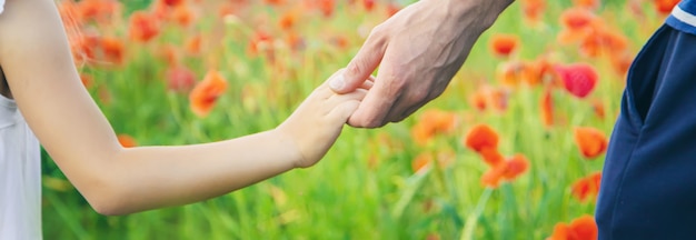 Children girl in a field with poppies. 