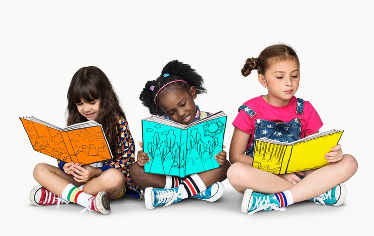 Photo children girlfriends reading book education togetherness studio portrait