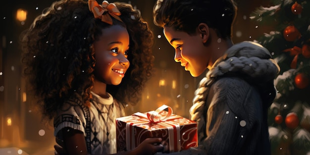 Дети дарят подарки на Новый год Праздник Фото высокого качества Генеративный AI