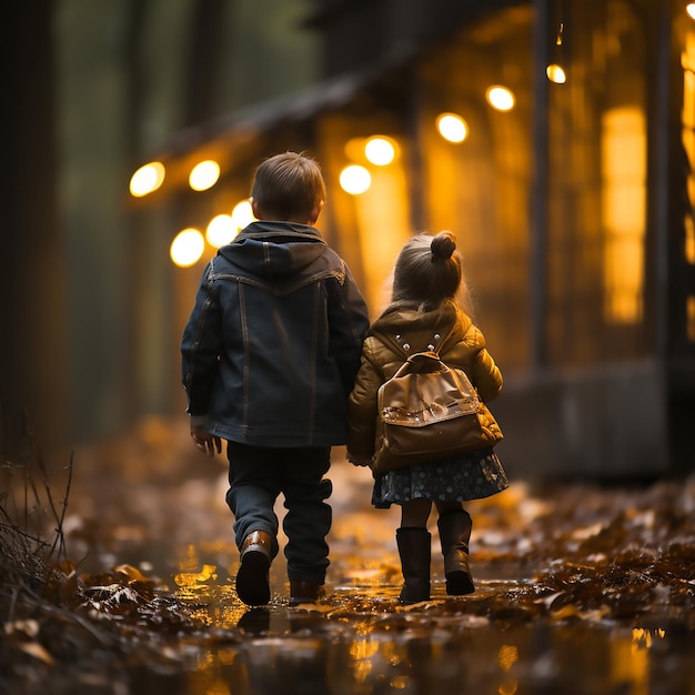 Children going to school in rainy weather