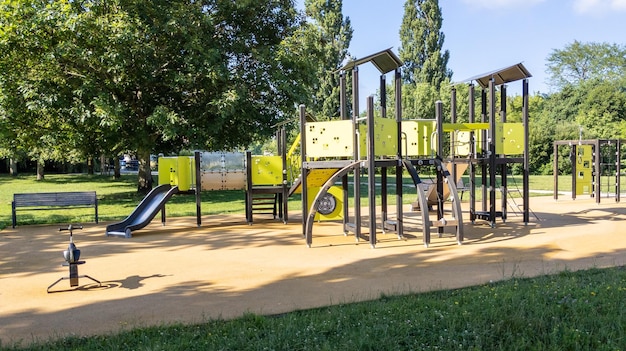 Photo children green woden playground activities in public outdoors park in city