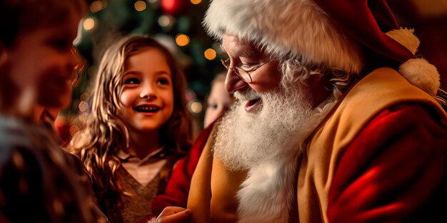 Children greet Santa Claus at a Christmas party