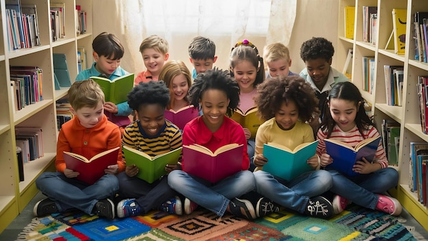 Children group reading books