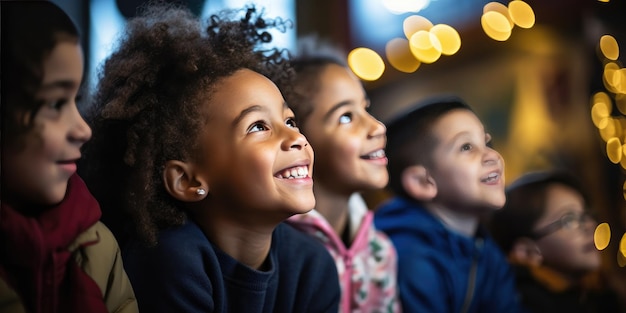 Foto bambini in un gruppo sorridono mentre ascoltano in un museo pubblico generativa ai