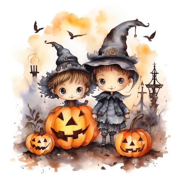 Children in Halloween costumes Cute carnival kids in cartoon style Watercolor illustration