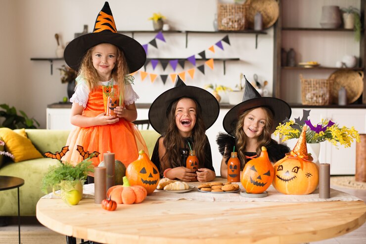 Children in halloween costumes with pumpkin fooled on holiday