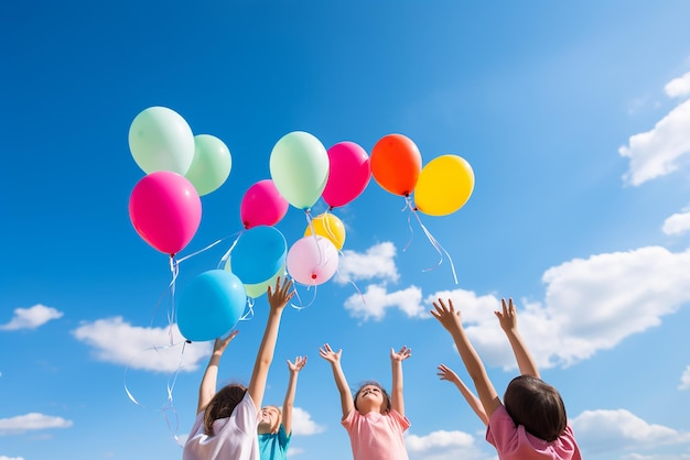 Children hand releasing colorful balloons