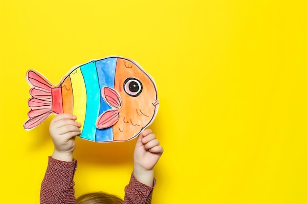 Photo children hand with paper fish on yellow background april fools day celebration