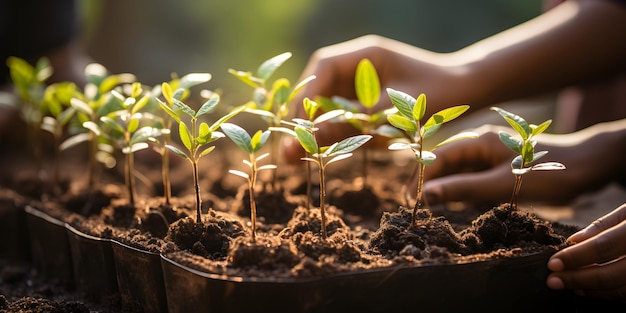 Children hands holding sapling in soil surface plant spring or summer time Multicultural hands