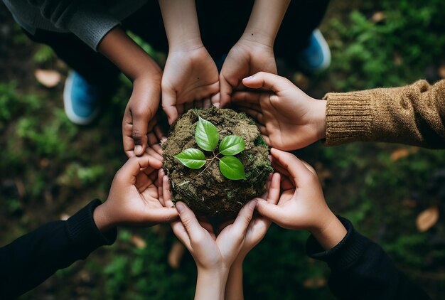 Photo children hands holding a small green earth