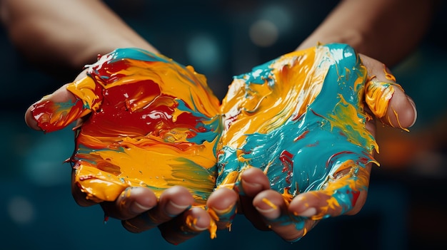 Photo children hands with a paint