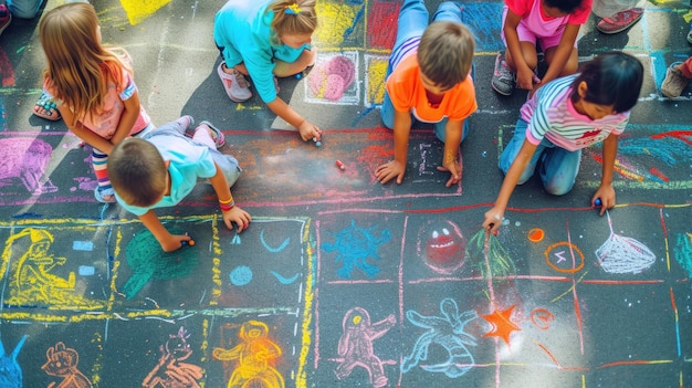 Foto bambini che disegnano felicemente con il gesso durante un divertente evento ricreativo