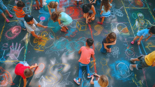 Children happily drawing with chalk during a fun recreational event aig