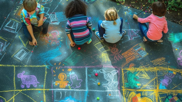 Children happily drawing with chalk during a fun recreational event aig